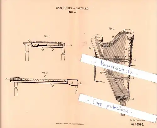 Original Patent  - Carl Oeller in Salzburg , 1888 , Zither !!!