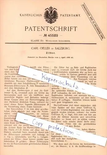 Original Patent  - Carl Oeller in Salzburg , 1888 , Zither !!!