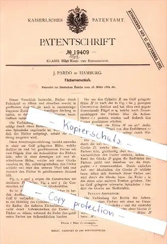 Original Patent  - J. Pardo in Hamburg , 1882 , Fächerverschluß !!!