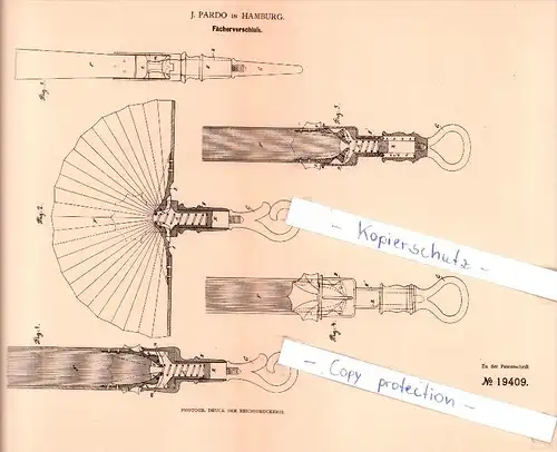 Original Patent  - J. Pardo in Hamburg , 1882 , Fächerverschluß !!!