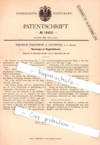 Original Patent  - W. Forwergk in Naumburg a. d. Saale , 1881 ,  Neuerungen an Riegelschlössern !!!