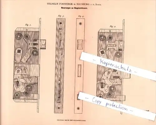 Original Patent  - W. Forwergk in Naumburg a. d. Saale , 1881 ,  Neuerungen an Riegelschlössern !!!