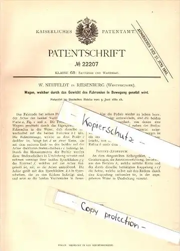 Original Patentschrift - W. Neufeldt in Riesenburg / Prabuty in Westpreussen , 1882 , Wagen mit Gewichtsantrieb !!!