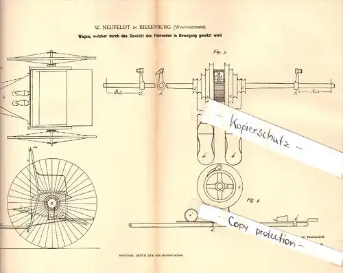 Original Patentschrift - W. Neufeldt in Riesenburg / Prabuty in Westpreussen , 1882 , Wagen mit Gewichtsantrieb !!!