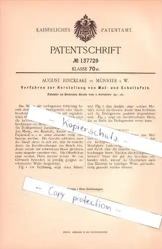 Original Patent - August Rincklake in Münster , 1901 , Herstellung von Mal- und Schultafeln , Schule !!!