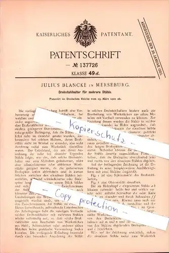Original Patent - Julius Blancke in Merseburg , 1902 , Drehstahlhalter für mehrere Stähle , Metallbau !!!