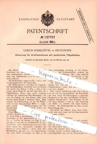 Original Patent - Ulrich Kohllöffel in Reutlingen , 1902 ,Steuerung für Kraftmaschinen mit  Flügelkolben , Maschinenbau