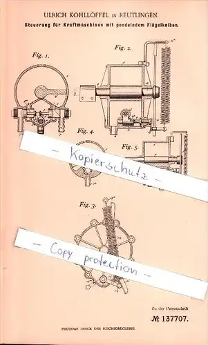 Original Patent - Ulrich Kohllöffel in Reutlingen , 1902 ,Steuerung für Kraftmaschinen mit  Flügelkolben , Maschinenbau