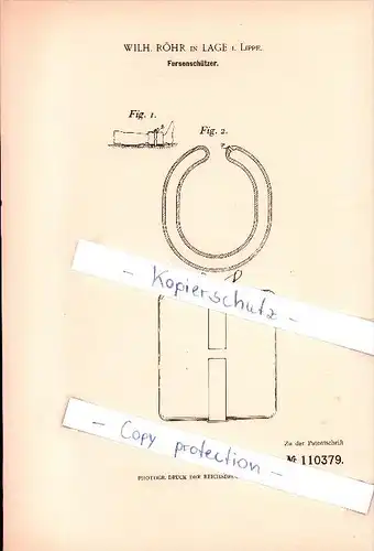 Original Patent - Wilh. Röhr in Lage i. Lippe , 1899 , Fersenschützer , Arzt , Gesundheit !!!