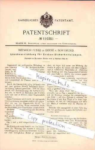Original Patent - Heinrich Funke in Derne b. Dortmund , 1899 , Löschvorrichtung für Grubenlampen , Bergbau , Zeche !!!