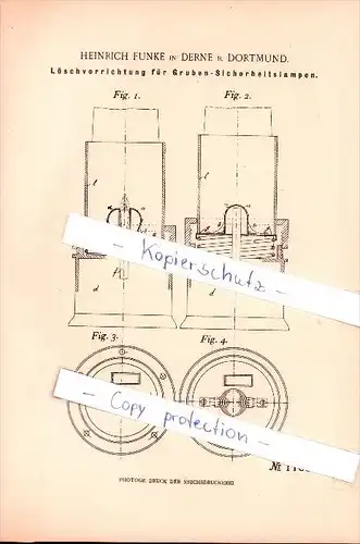 Original Patent - Heinrich Funke in Derne b. Dortmund , 1899 , Löschvorrichtung für Grubenlampen , Bergbau , Zeche !!!