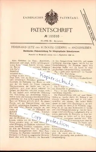 Original Patent - Ferdinand Lutz und Rudolph Goering in Aschersleben , 1898 , Putzapparat f. Pressen , Druckerei , Druck