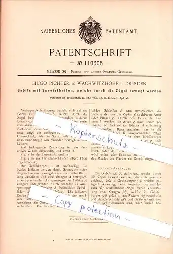 Original Patent - Hugo Richter in Wachwitzhöhe b. Dresden , 1898 , Gebiß mit Spreiztheilen ,  Pferde !!!