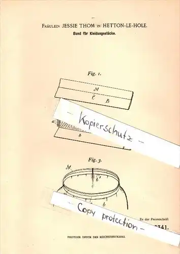 Original Patent - Jessie Thom in Hetton le Hole , 1898 , Collar for garments ,  clothing , City of Sunderland !!!