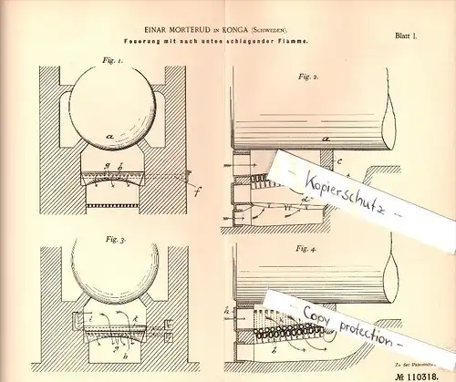 Original Patent - Einar Morterud in Konga , Schweden , 1899 , Feuerung , Heizung , Tingsryd Municipality  !!!