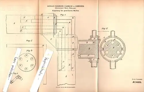 Original Patent - Donald Roderick Cameron in Sheerness , Kent , 1885 , Coupling for shafts, mechanical engineering !!!