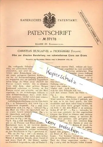 Original Patent - Christian Husgavel in Piecksämäki , Finland , 1885 , Ofen für schmiedbares Eisen aus Erz !!!