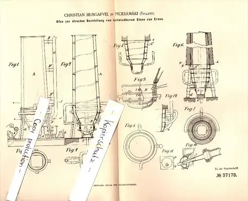 Original Patent - Christian Husgavel in Piecksämäki , Finland , 1885 , Ofen für schmiedbares Eisen aus Erz !!!