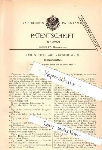 Original Patent - Karl W. Ottstadt in Kostheim b. Mainz , 1896 , Verschluß für Rolladen , Fenster , Hochbau , Bau !!!