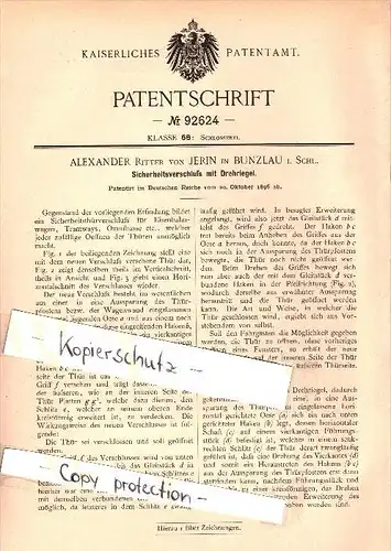 Original Patent - Alexander Ritter von Jerin in Bunzlau i. Schlesien ,1896, Drehriegel für Eisenbahn , Bus , Boleslawiec