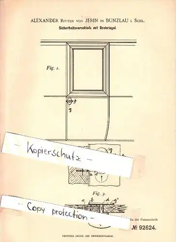 Original Patent - Alexander Ritter von Jerin in Bunzlau i. Schlesien ,1896, Drehriegel für Eisenbahn , Bus , Boleslawiec