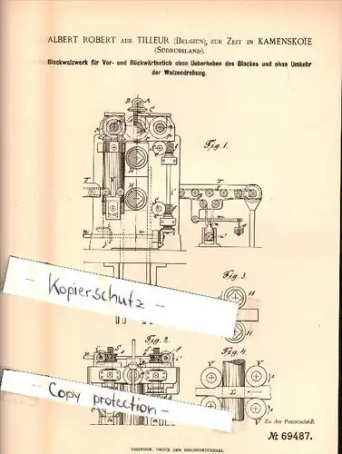 Original Patent - Albert Robert aus Tilleur , Belgien , 1892 , Blockwalzwerk , Metallbau , Kamenskoie , Russland !!!
