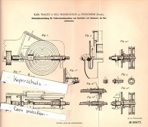 Original Patent - Karl Trautz in Dillweißenstein bei Pforzheim i. Baden , 1892 , Apparat für Futterschneidmaschine !!!