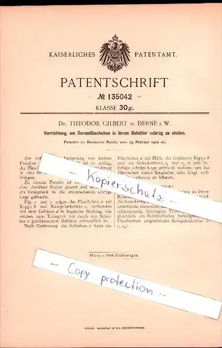 Original Patent - Dr. Theodor Gilbert  in Derne i. W., 1902, Vorrichtung für Serumfläschchen, Serum , Arzt , Dortmund !!