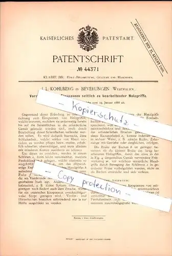 Original Patent - J.L. Kohlberg in Beverungen , 1888 , Vorrichtung zur Holzbearbeitung , Tischler , Holz , Höxter !!!