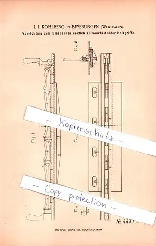 Original Patent - J.L. Kohlberg in Beverungen , 1888 , Vorrichtung zur Holzbearbeitung , Tischler , Holz , Höxter !!!