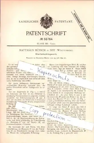 Original Patent - Matthäus Münsch in Isny , 1890 , Schlagwerk für Uhren , Uhrmacher , Uhr !!!