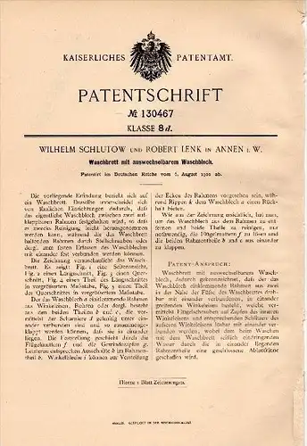 Original Patentschrift - W. Schlutow und R. Lenk in Annen / Witten , 1901 , Waschbrett , Wäscherei , Wäsche !!!