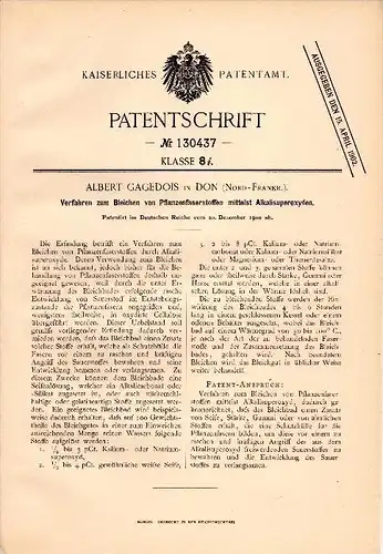 Original Patentschrift - Albert Gagedois dans Don , Nord , 1900 , Matériaux en fibre de plante de blanchiment !!!