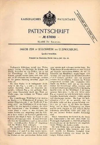 Original Patentschrift - Jakob Zeh in Eglosheim b. Ludwigsburg , 1892 , Lederwalke , Leder , Schuhe , Schuhmacher !!!