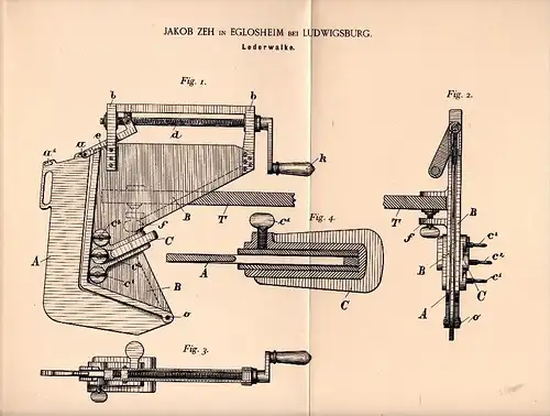 Original Patentschrift - Jakob Zeh in Eglosheim b. Ludwigsburg , 1892 , Lederwalke , Leder , Schuhe , Schuhmacher !!!