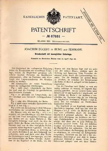 Original Patentschrift - Joachim Eggert in Burg auf Fehmarn , 1892 , Krankenbett , Krankenhaus , Arzt , Klinik !!!