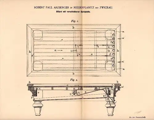 Original Patentschrift - R. Arzberger in Niederplanitz b. Zwickau , 1892 , Billard mit Spielplatte , Planitz !!!