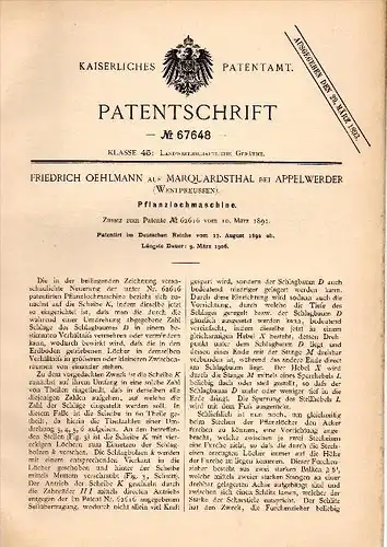 Original Patentschrift -F. Oehlmann auf Marquardsthal b. Appelwerder , 1892 , Märkisch Friedland / Miros&#322;awiec !!!
