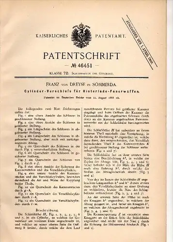 Original Patentschrift - Franz von Dreyse in Sömmerda , 1888 , Cylinder - Verschluß für Gewehr , Waffe !!!