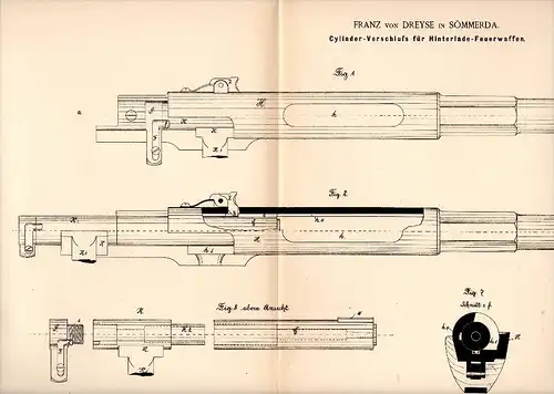 Original Patentschrift - Franz von Dreyse in Sömmerda , 1888 , Cylinder - Verschluß für Gewehr , Waffe !!!