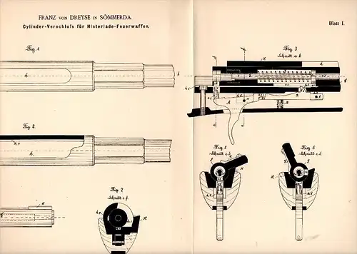 Original Patentschrift - Franz von Dreyse in Sömmerda , 1888 , Cylinder - Verschluß für Gewehr , Waffe !!!
