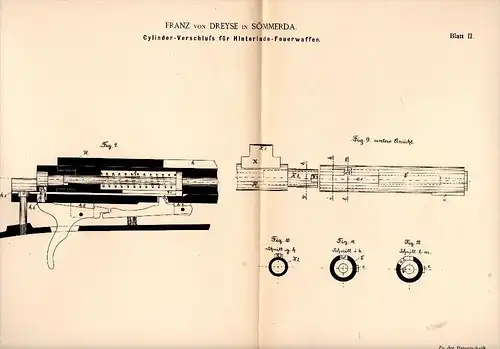 Original Patentschrift - Franz von Dreyse in Sömmerda , 1888 , Cylinder - Verschluß für Gewehr , Waffe !!!