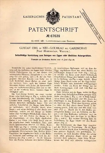 Original Patentschrift -G. Ohl in Neu Golmkau b. Gardschau / Godziszewo ,1892, Apparat für Eggen , Hohenstein i. Westpr.