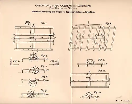 Original Patentschrift -G. Ohl in Neu Golmkau b. Gardschau / Godziszewo ,1892, Apparat für Eggen , Hohenstein i. Westpr.