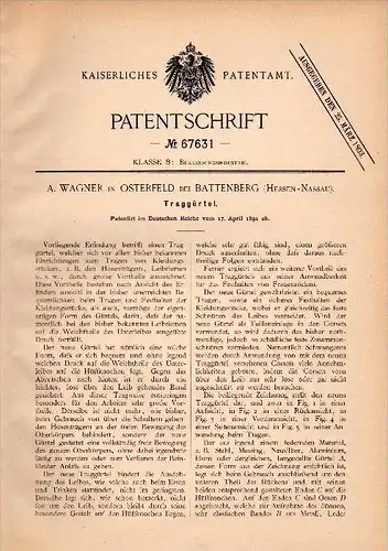 Original Patentschrift - A. Wagner in Osterfeld b. Battenberg , 1892 , Traggürtel , Gürtel , Bekleidung , Hessen !!!
