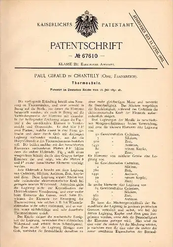 Original Patentschrift - Paul Giraud dans Chantilly , Oise , 1891 , colonne thermoélectrique !!!