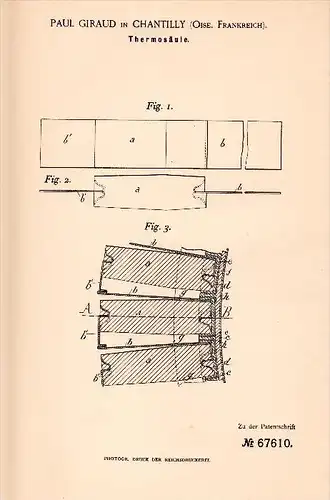 Original Patentschrift - Paul Giraud dans Chantilly , Oise , 1891 , colonne thermoélectrique !!!