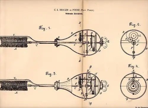 Original Patentschrift - C.L. Berger in Pinne / Pniewy , 1892 , rotierende Zahnbürste , Zahnarzt , Zahnpflege , Posen !!