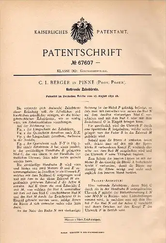 Original Patentschrift - C.L. Berger in Pinne / Pniewy , 1892 , rotierende Zahnbürste , Zahnarzt , Zahnpflege , Posen !!