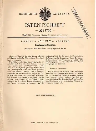 Original Patentschrift - Sarfert & Vollert in Meerane i.S. , 1881 , Centrifugal - Waschmaschine , Wäscherei !!!